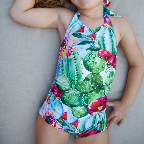 Girls Bijou Sauvage Kitty Retro One Piece Swimsuit Thirsty Beach Cactus Print 6